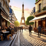 A charming Parisian street scene, with an elegant Haussmannian building on the left, featuring a traditional French café terrace bustling with people enjoying coffee and croissants. In the background, the iconic Eiffel Tower is subtly visible. The street is cobblestone, bathed in the warm, golden light of a late afternoon. High detail, photorealistic, cinematic lighting.