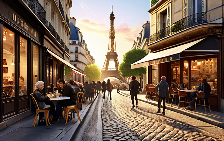 A charming Parisian street scene, with an elegant Haussmannian building on the left, featuring a traditional French café terrace bustling with people enjoying coffee and croissants. In the background, the iconic Eiffel Tower is subtly visible. The street is cobblestone, bathed in the warm, golden light of a late afternoon. High detail, photorealistic, cinematic lighting.
