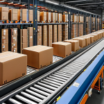 **A bustling, automated warehouse near Roissy, France. Robots and conveyor belts swiftly move packages, showcasing the efficiency of modern logistics. The scene emphasizes speed, precision, and technological advancement.**