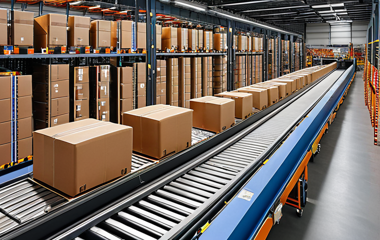 **A bustling, automated warehouse near Roissy, France. Robots and conveyor belts swiftly move packages, showcasing the efficiency of modern logistics. The scene emphasizes speed, precision, and technological advancement.**